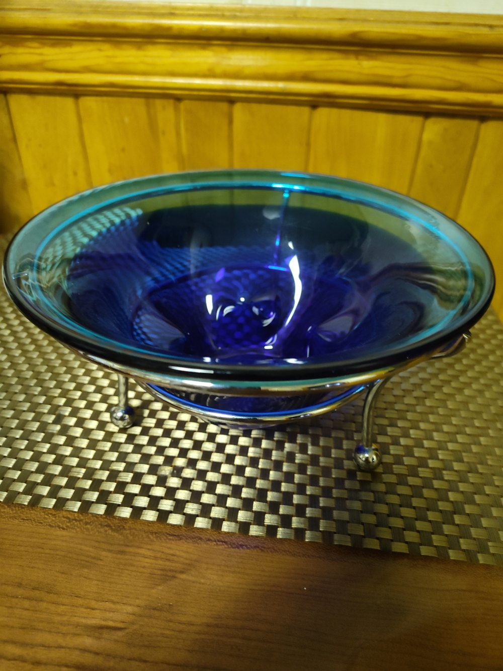 Blue Glass Decorative Bowl on Metal Stand - Home Art 9-1/4 X 4-3/4"